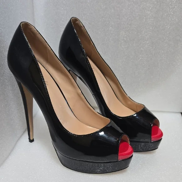 Marumote 6" SHINEY BLACK STILETTOS W/ RED PEEP VALENTINE'S DIVA 9.5 - Picture 6 of 17